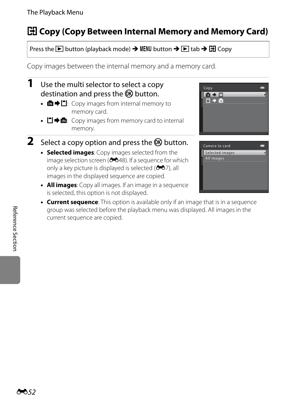 E52), Select a copy option and press the k button | Nikon S8200 User Manual | Page 164 / 228