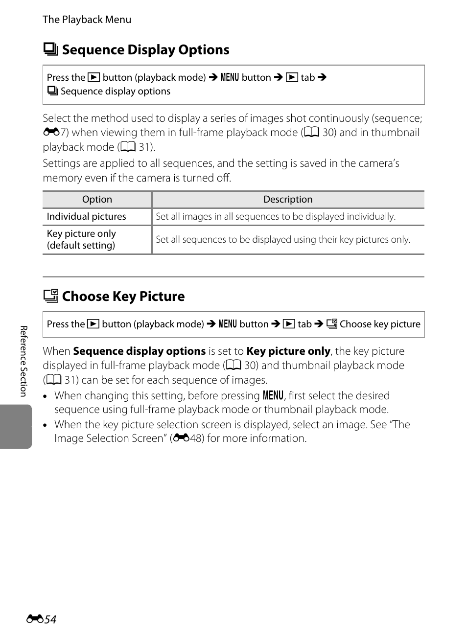 Sequence display options, Choose key picture, C sequence display options | N choose key picture, E54), Options, E54) in the playbac, Key picture, E54) is se | Nikon S8200 User Manual | Page 166 / 228