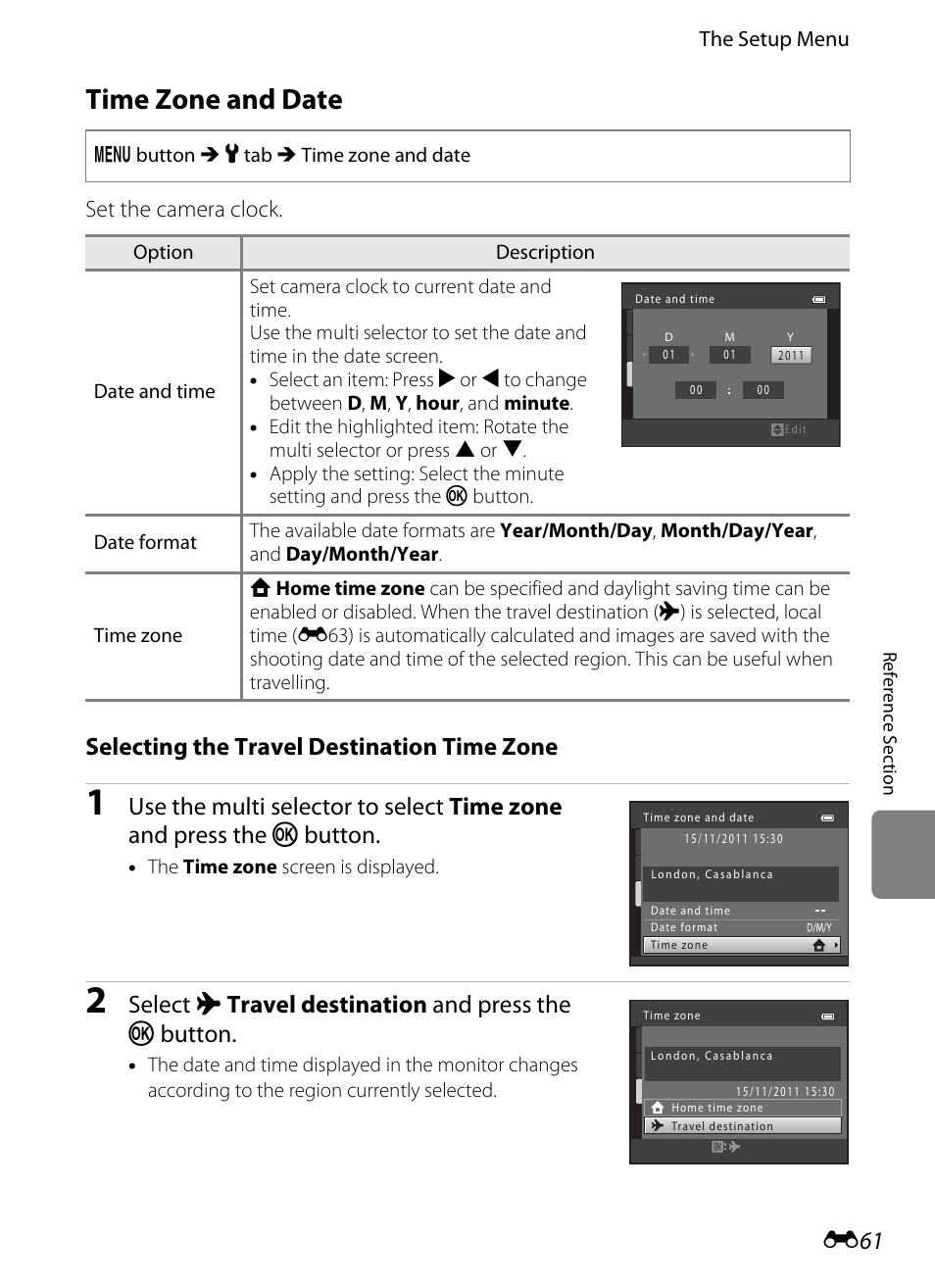 Time zone and date, Selecting the travel destination time zone, Select x travel destination and press the k button | Set the camera clock | Nikon S8200 User Manual | Page 173 / 228