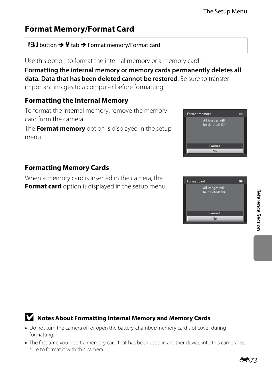 Format memory/format card, E73) | Nikon S8200 User Manual | Page 185 / 228