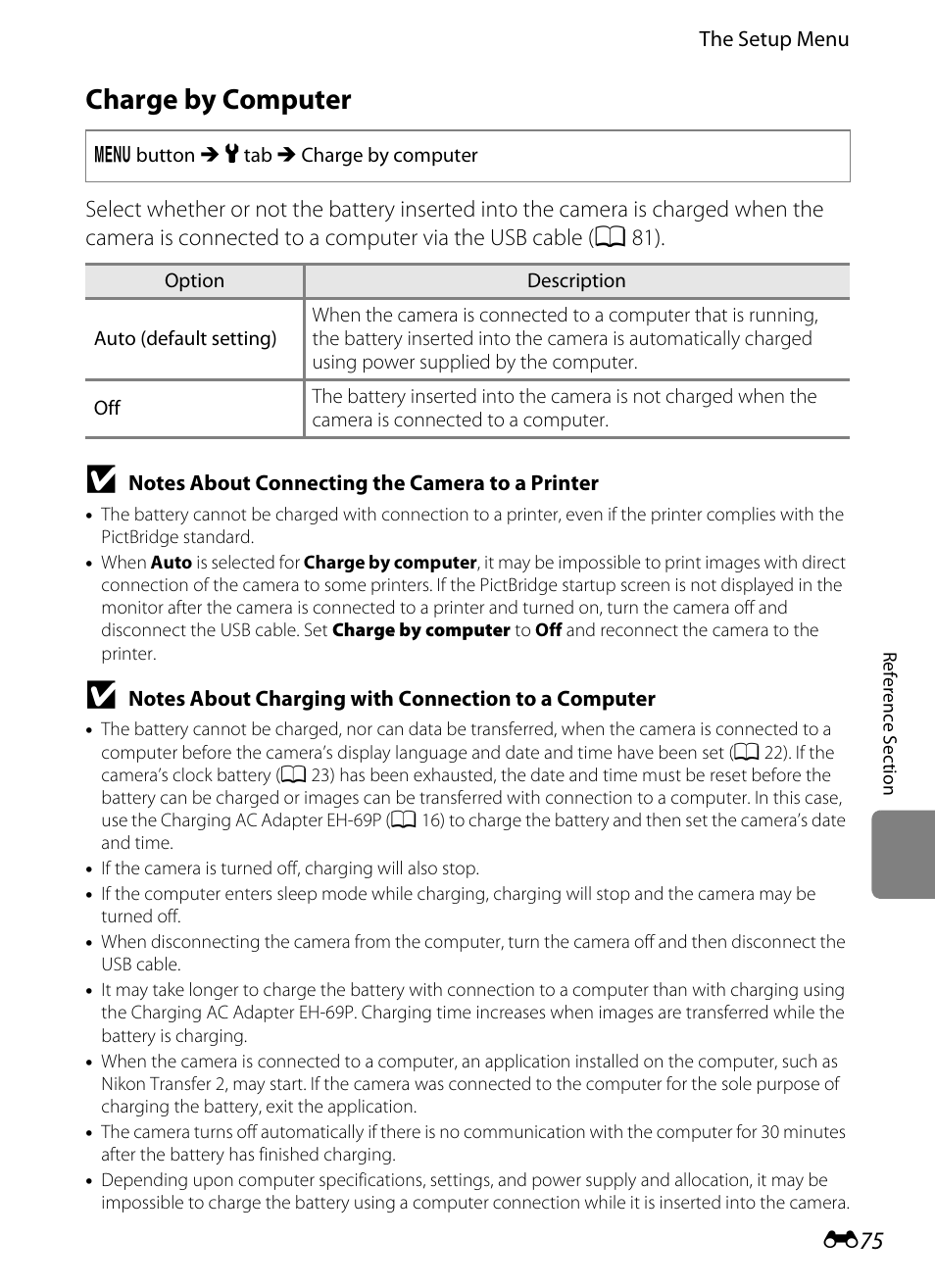 Charge by computer, E75) | Nikon S8200 User Manual | Page 187 / 228