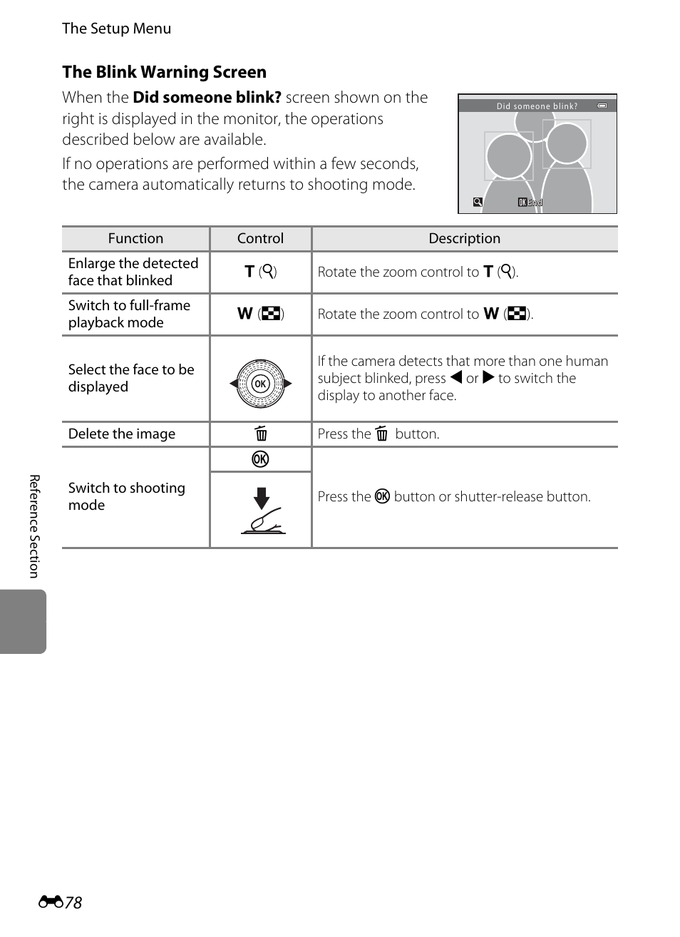 The blink warning screen, E78) for more | Nikon S8200 User Manual | Page 190 / 228