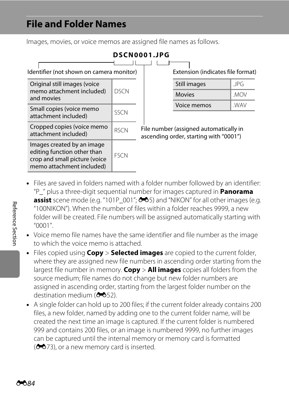 File and folder names, E84). th, Rrent file number | E84) fr | Nikon S8200 User Manual | Page 196 / 228