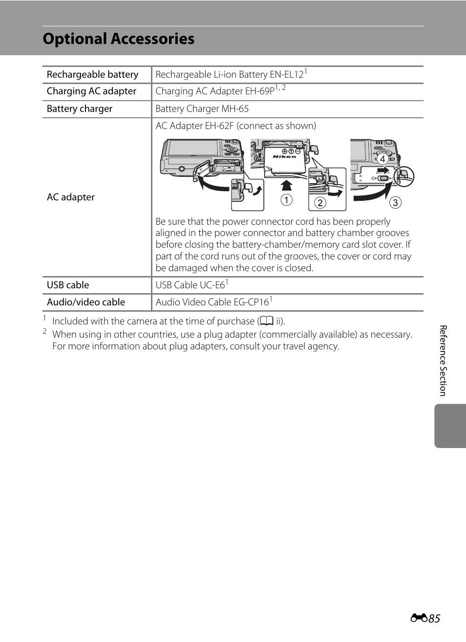 Optional accessories, E85), E85) to | Nikon S8200 User Manual | Page 197 / 228