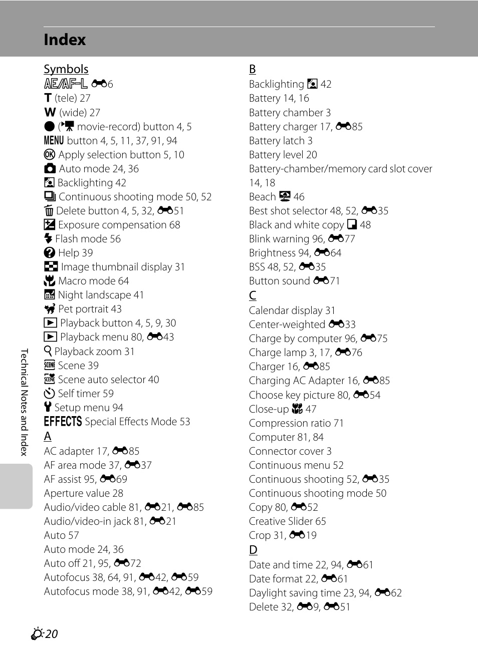 Index, F 20 | Nikon S8200 User Manual | Page 222 / 228