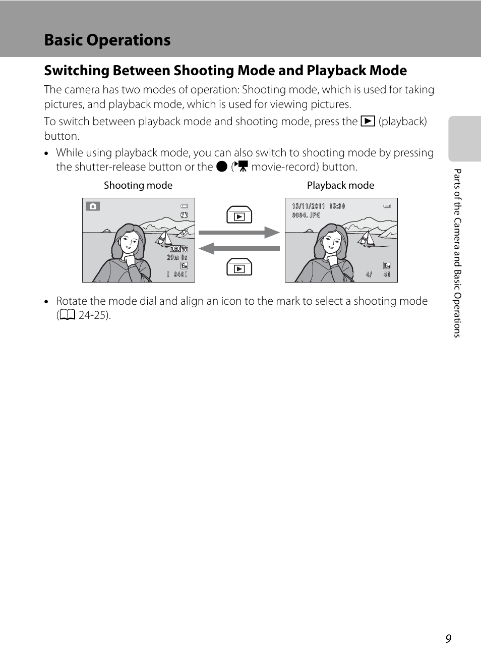 Basic operations, Switching between shooting mode and playback mode | Nikon S8200 User Manual | Page 25 / 228