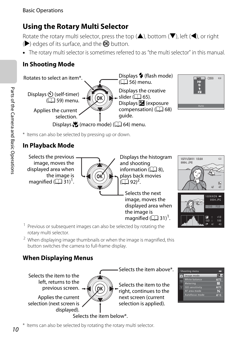 Using the rotary multi selector, E “using the rotary multi selector, Basic operations | Nikon S8200 User Manual | Page 26 / 228