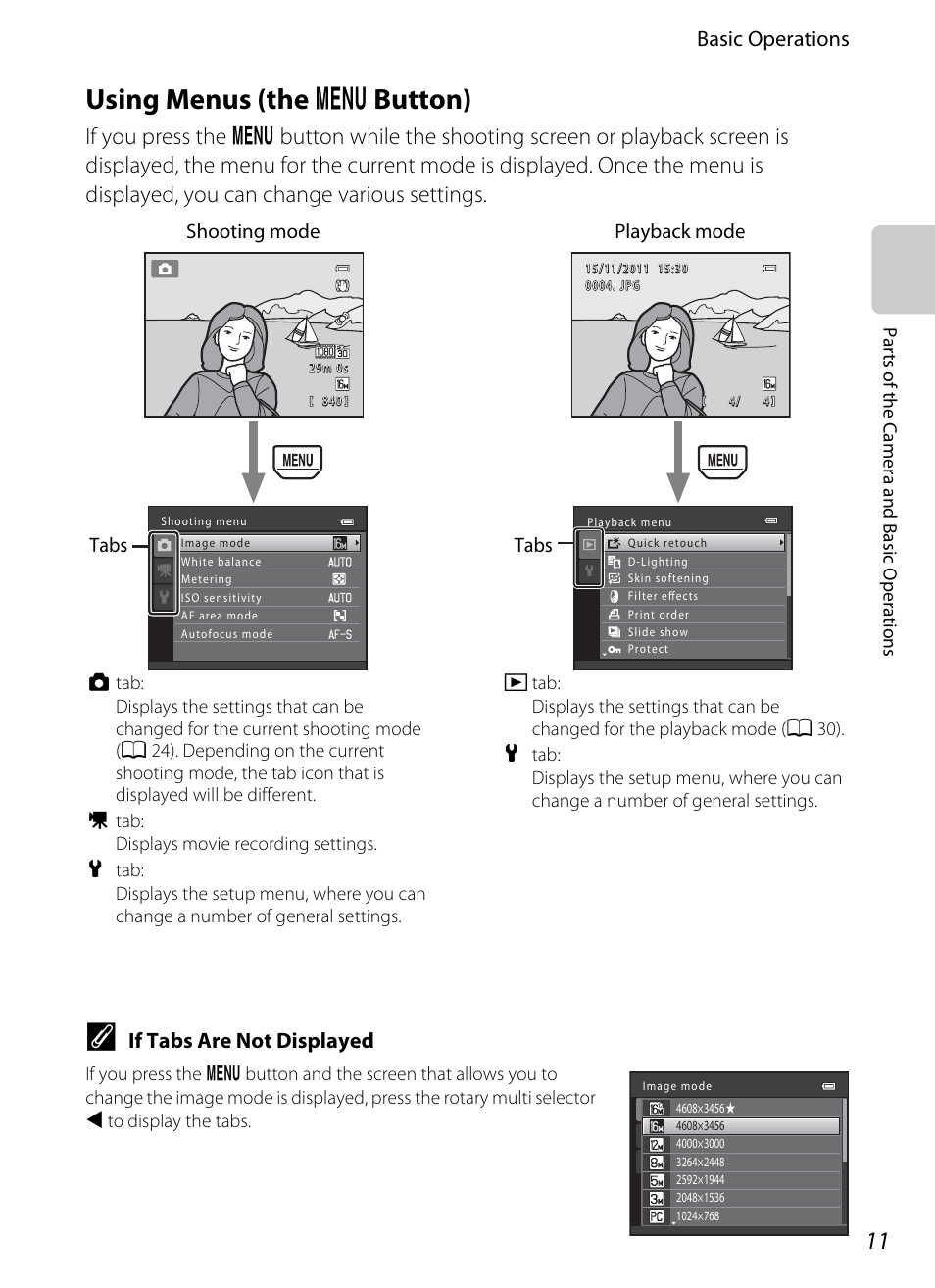 Using menus (the menu button), Using menus (the, D button) | Using menus (the d button), Basic operations, If tabs are not displayed, Shooting mode playback mode tabs tabs | Nikon S8200 User Manual | Page 27 / 228