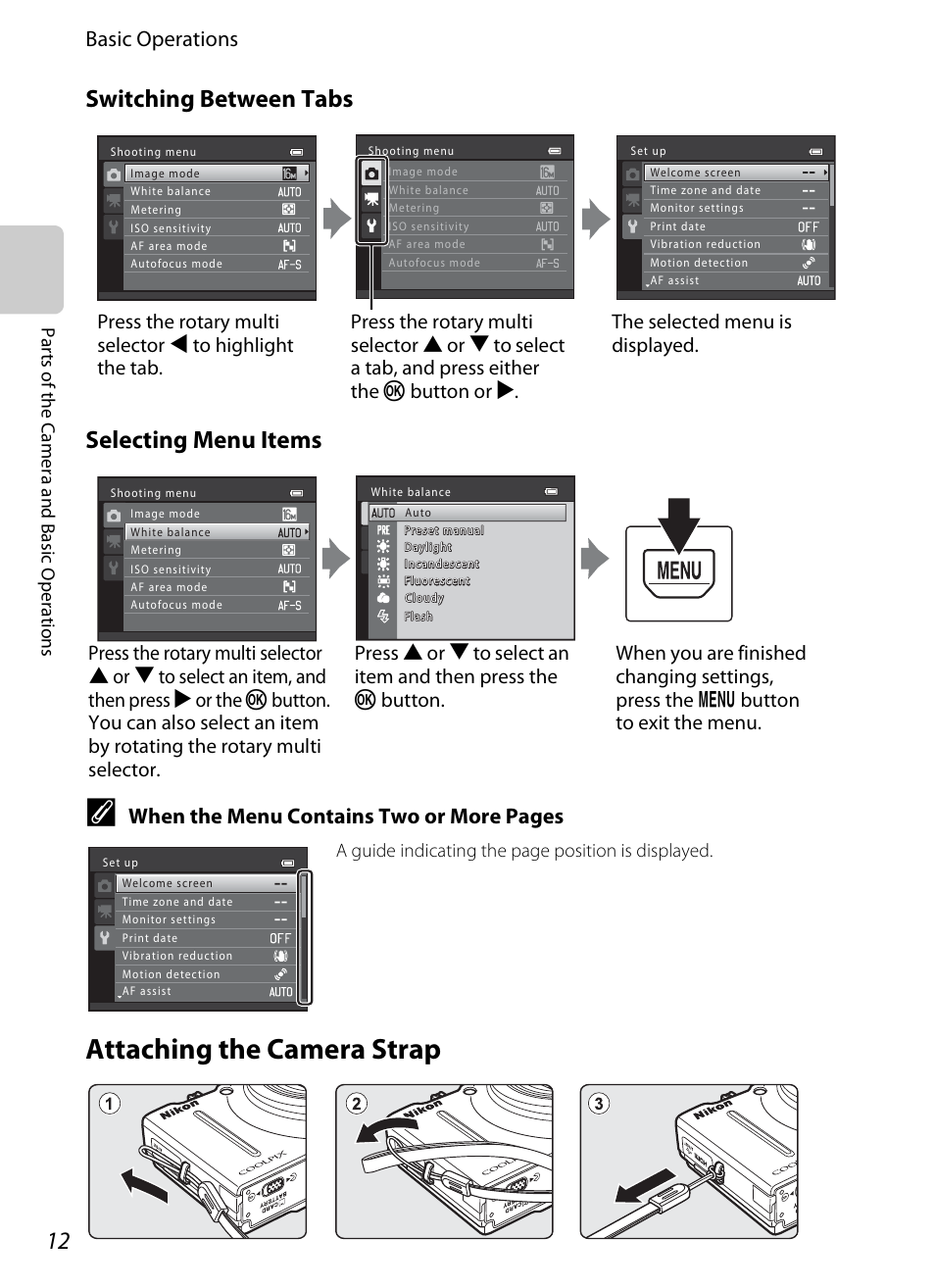 Attaching the camera strap, Switching between tabs selecting menu items, Basic operations | When the menu contains two or more pages, Parts of the came ra and basic o p erations, A guide indicating the page position is displayed | Nikon S8200 User Manual | Page 28 / 228