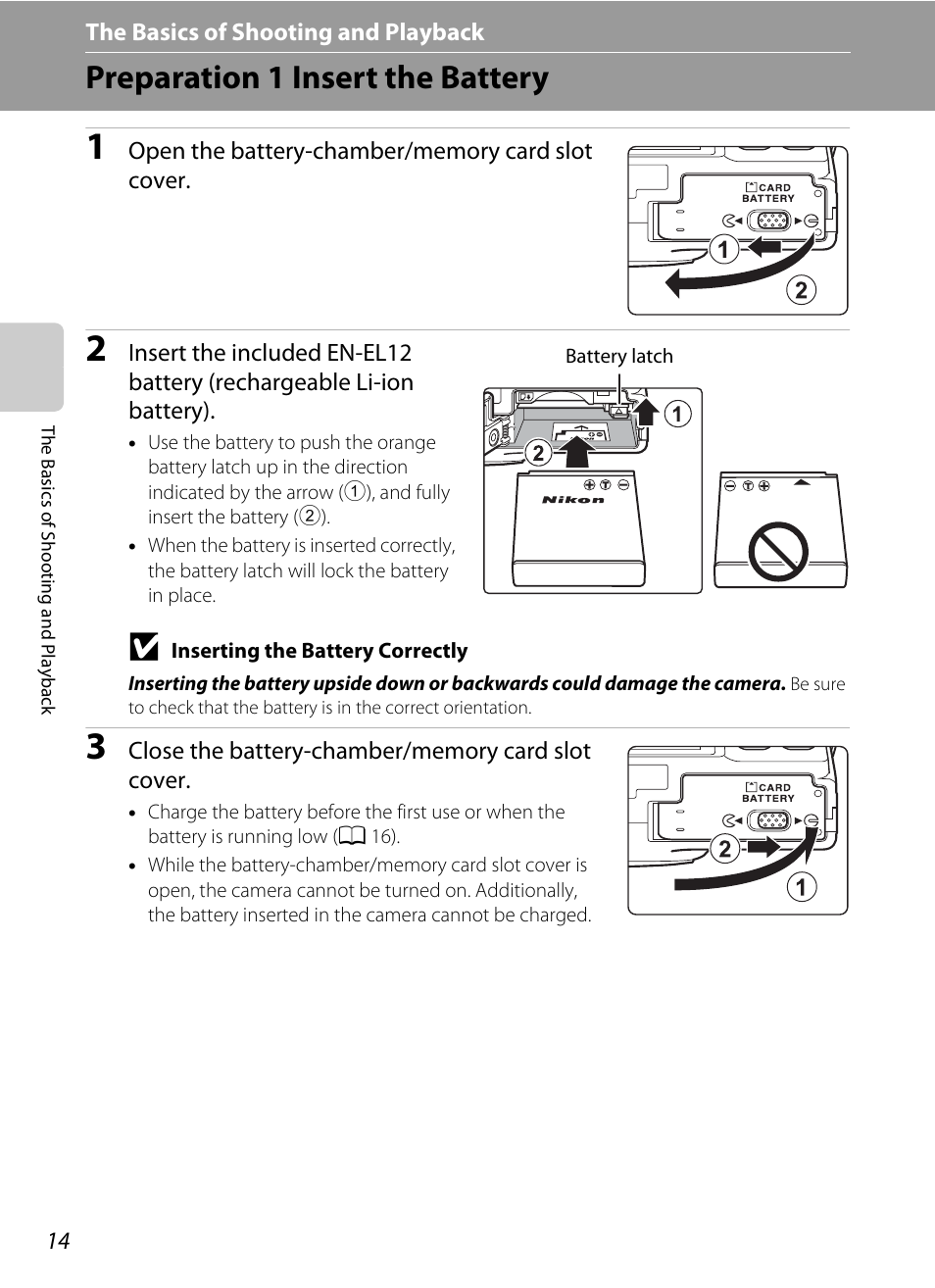 Preparation 1 insert the battery | Nikon S8200 User Manual | Page 30 / 228