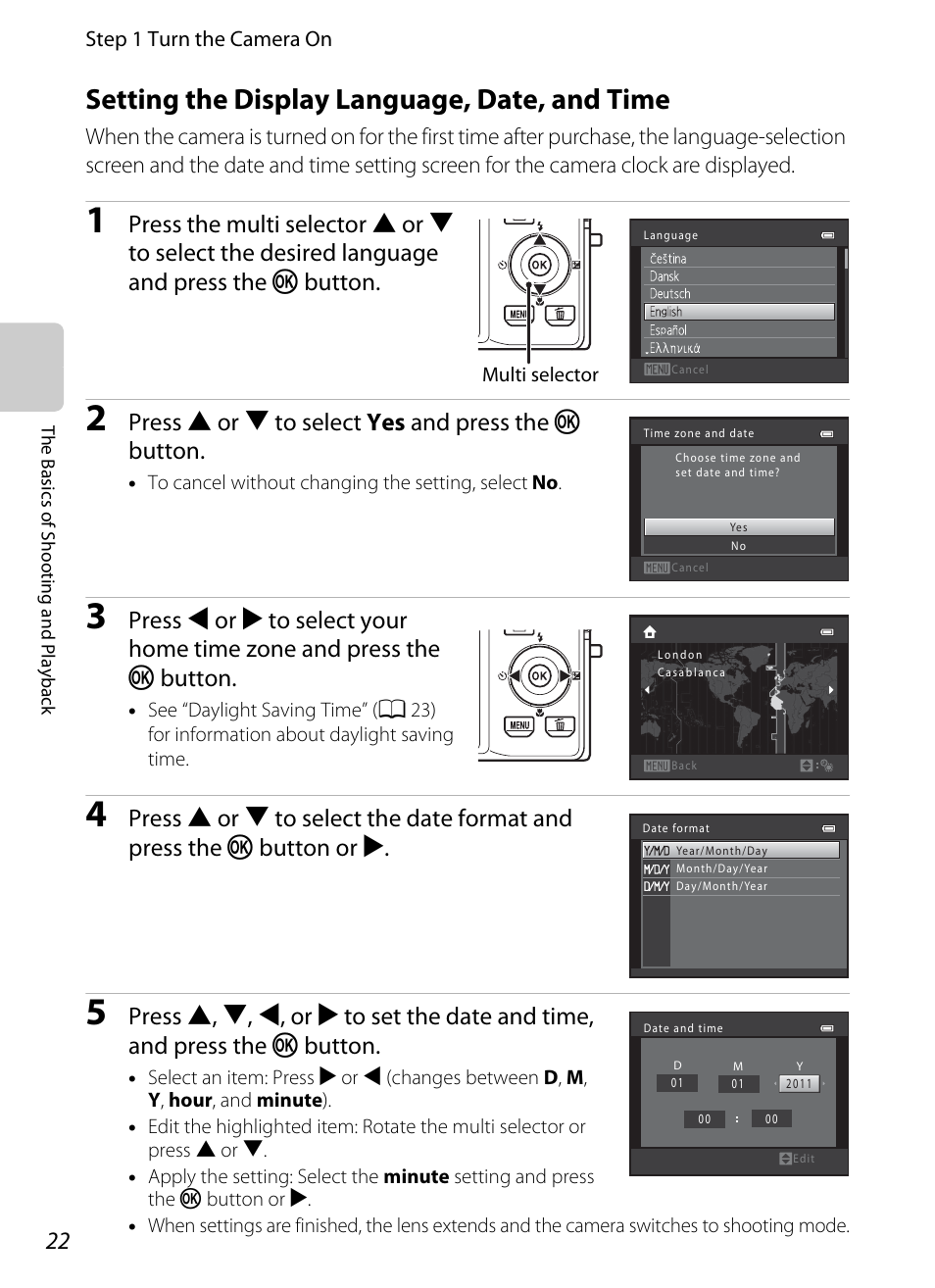 Setting the display language, date, and time, A 22), Press h or i to select yes and press the k button | Nikon S8200 User Manual | Page 38 / 228