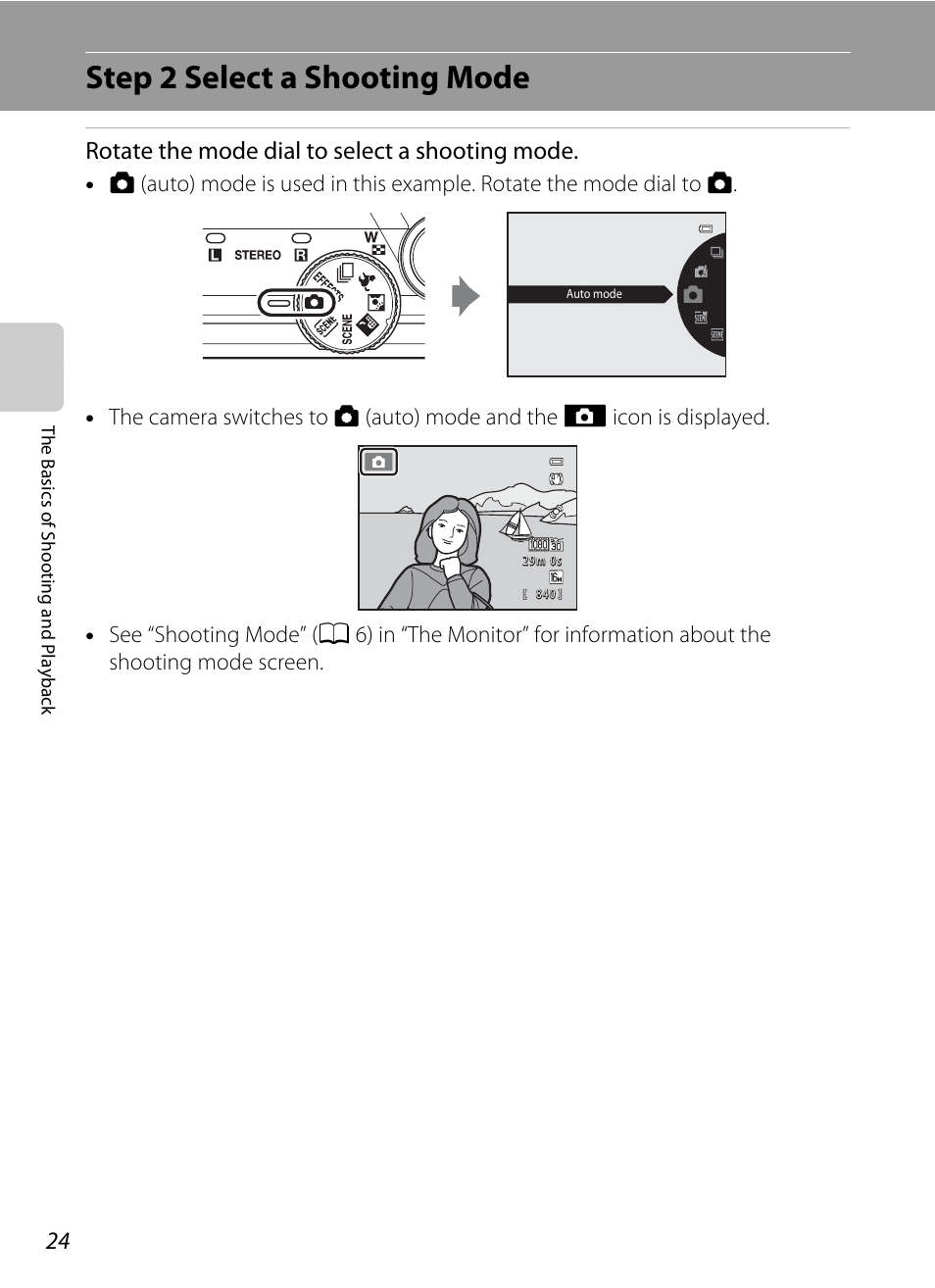Step 2 select a shooting mode, A 24). de, Rotate the mode dial to select a shooting mode | Nikon S8200 User Manual | Page 40 / 228