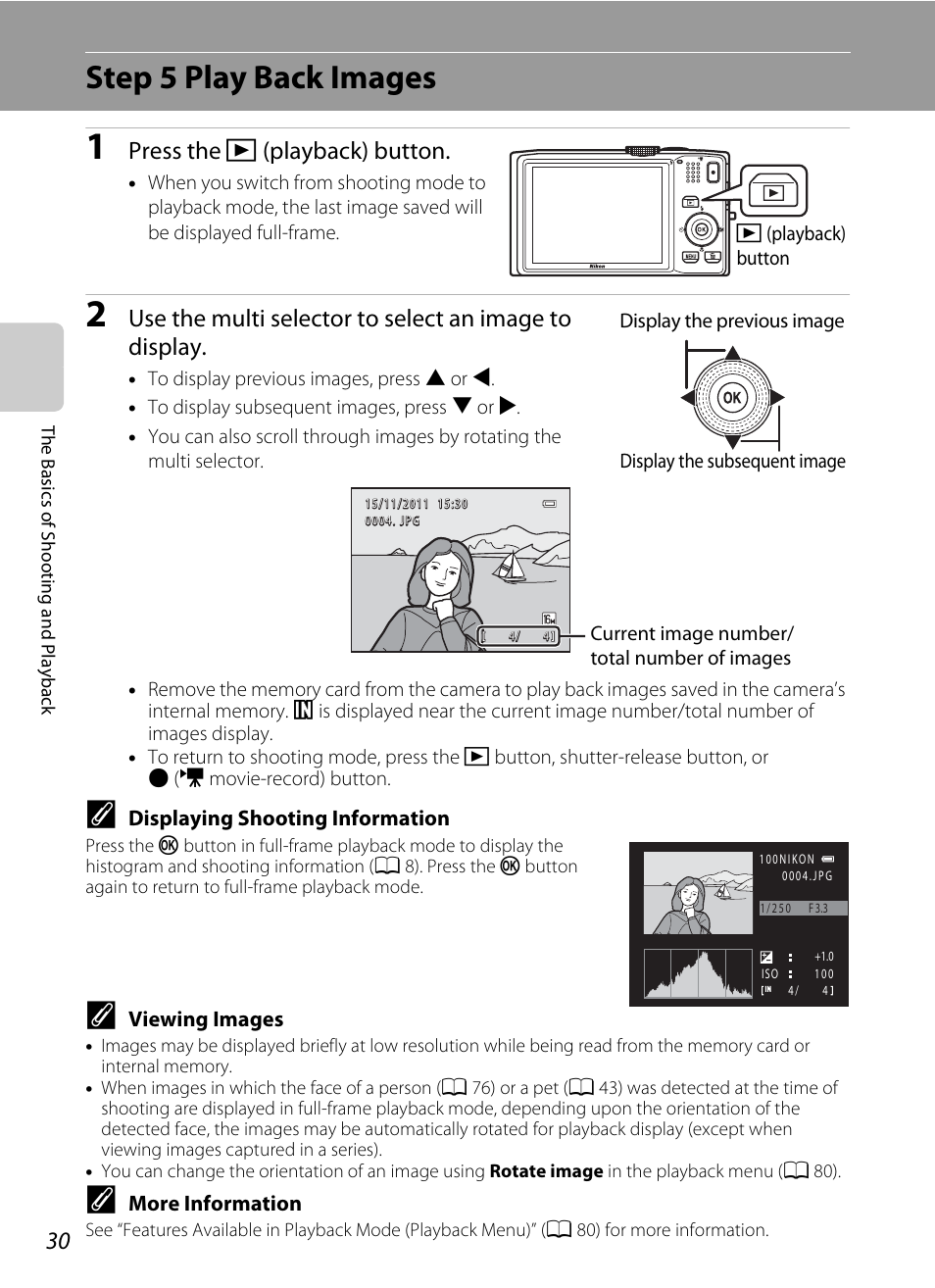 Step 5 play back images, A 30), A 30 | Press the c (playback) button | Nikon S8200 User Manual | Page 46 / 228
