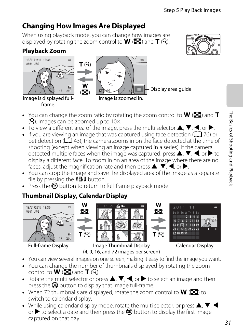 Changing how images are displayed, Ed (a 31), A 31) | Playback zoom, Thumbnail display, calendar display | Nikon S8200 User Manual | Page 47 / 228