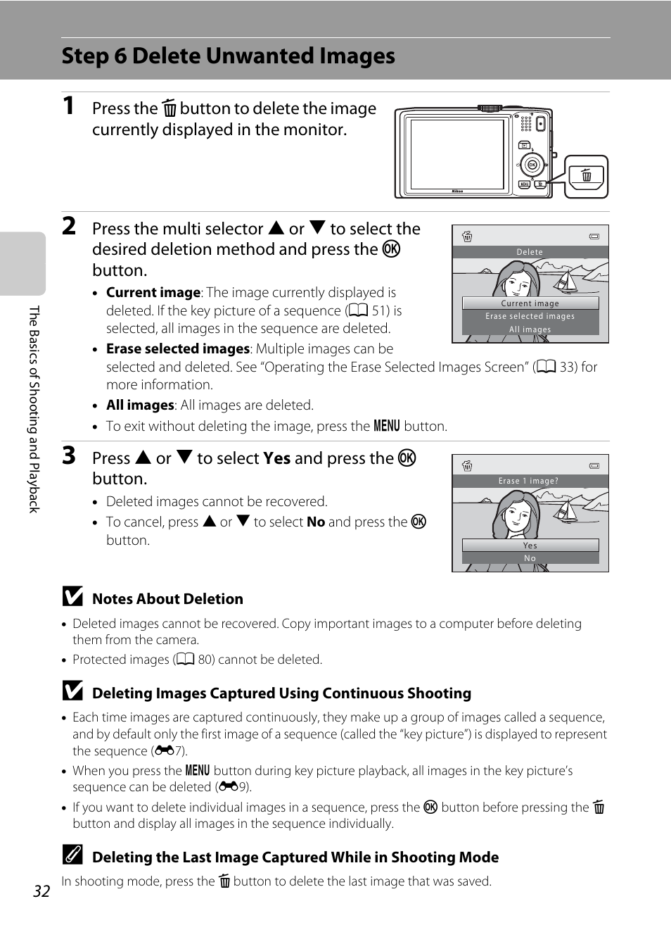 Step 6 delete unwanted images, Press h or i to select yes and press the k button | Nikon S8200 User Manual | Page 48 / 228