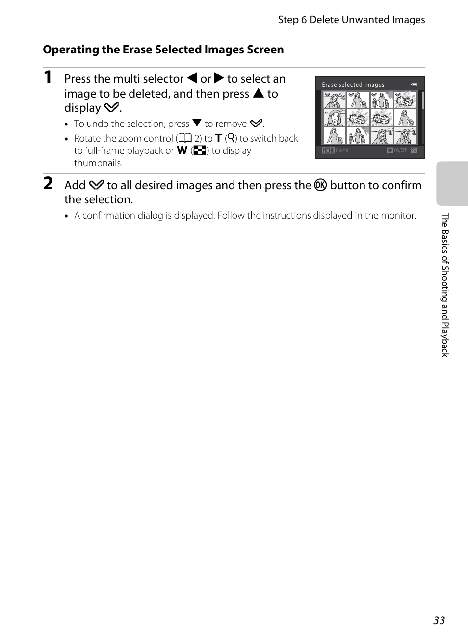 Operating the erase selected images screen, A 33) for | Nikon S8200 User Manual | Page 49 / 228