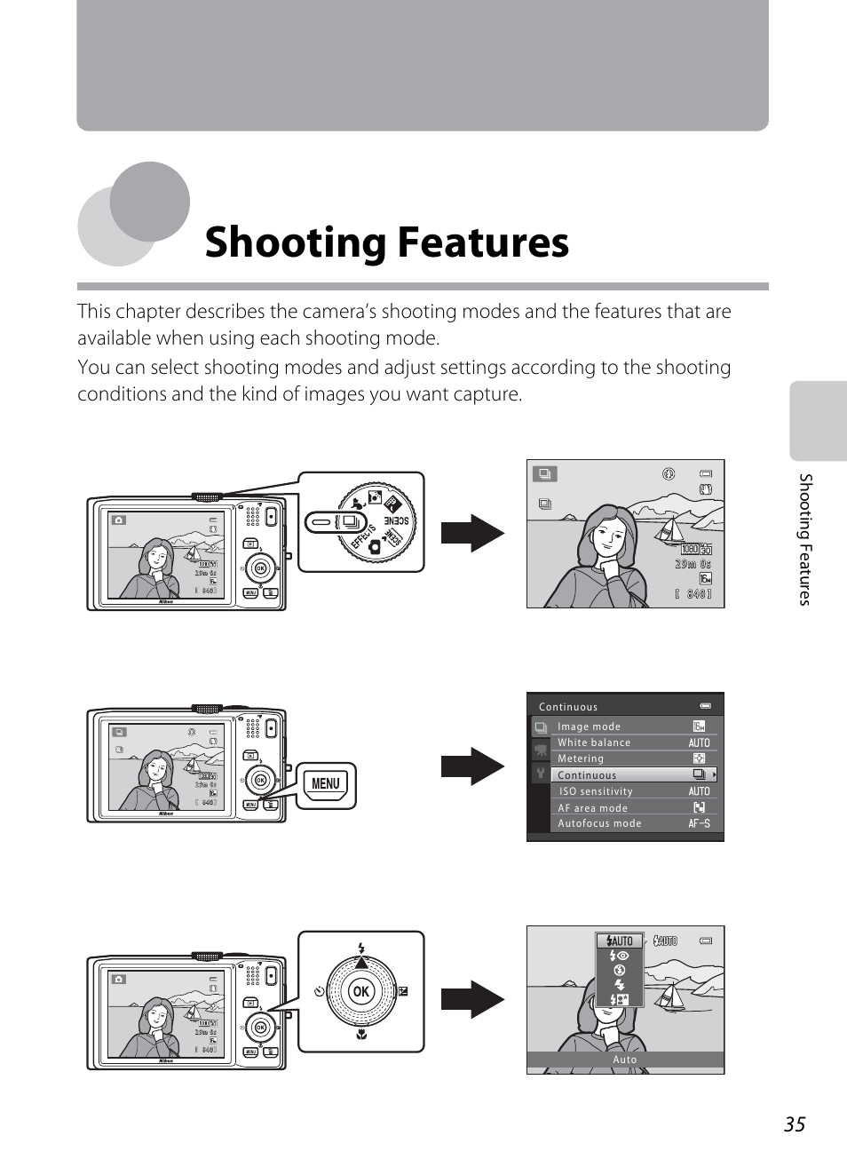 Shooting features, Shooting, Features | A 35), Sh ooting feat ures | Nikon S8200 User Manual | Page 51 / 228