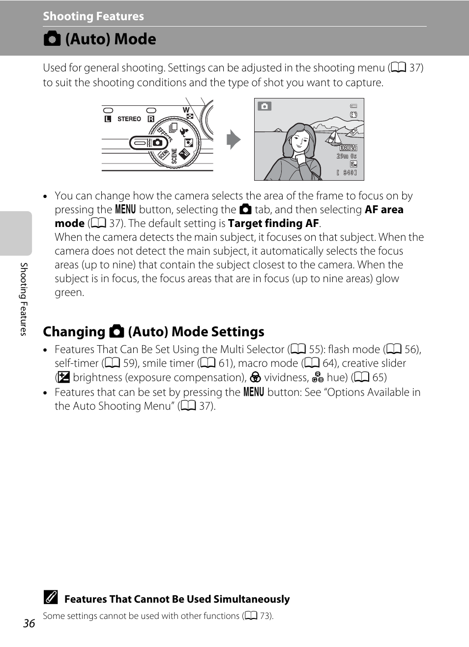 Auto mode, Changing auto mode settings, A (auto) mode | Changing a (auto) mode settings, A 36) | Nikon S8200 User Manual | Page 52 / 228