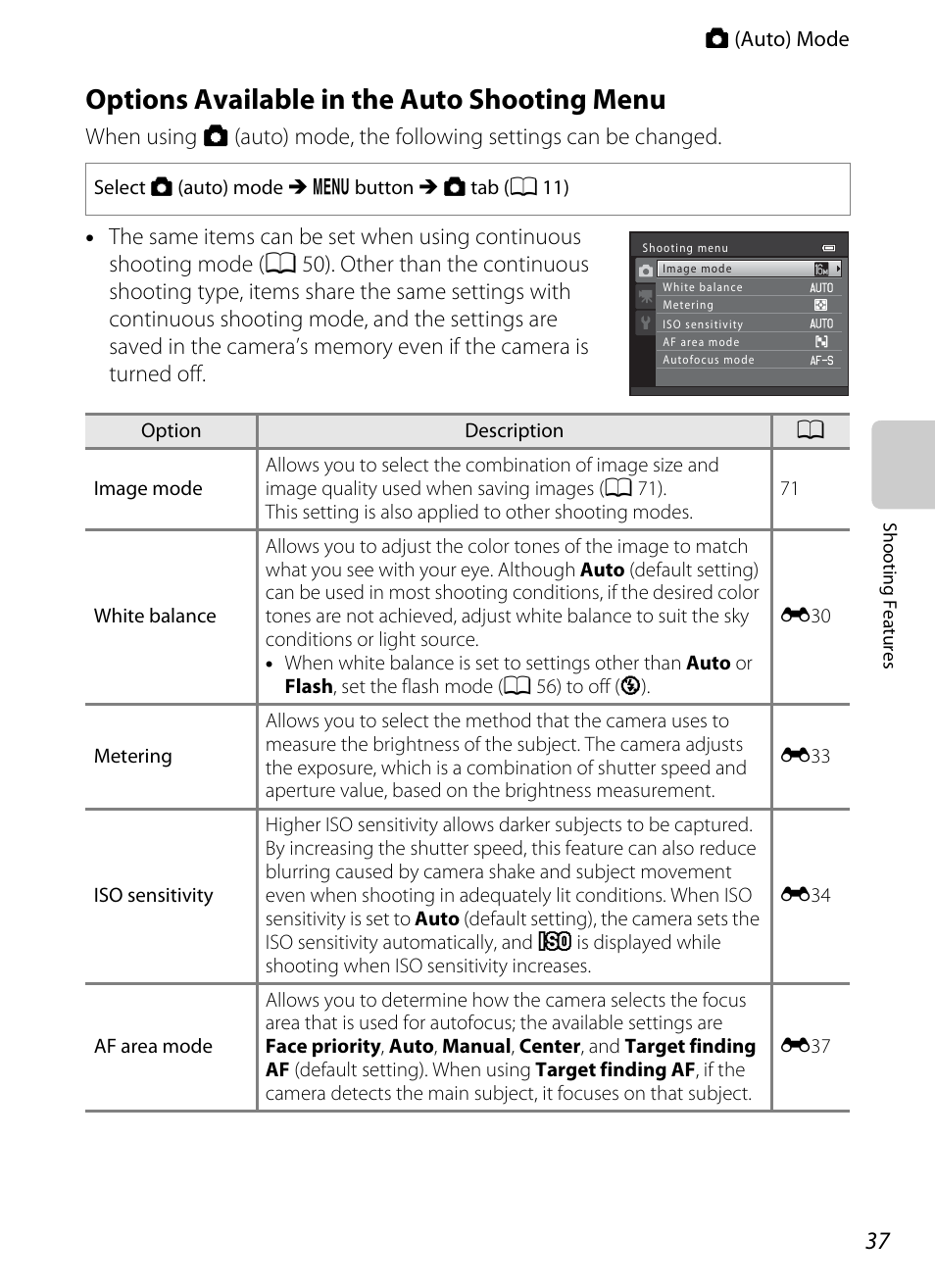 Options available in the auto shooting menu, A 37) to, A 37) | See “options available in, The auto shooting menu, A 37 | Nikon S8200 User Manual | Page 53 / 228