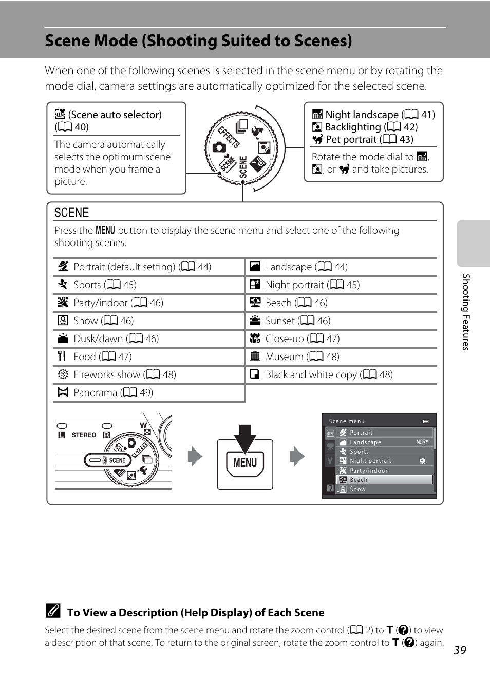 Scene mode (shooting suited to scenes), A 39) | Nikon S8200 User Manual | Page 55 / 228