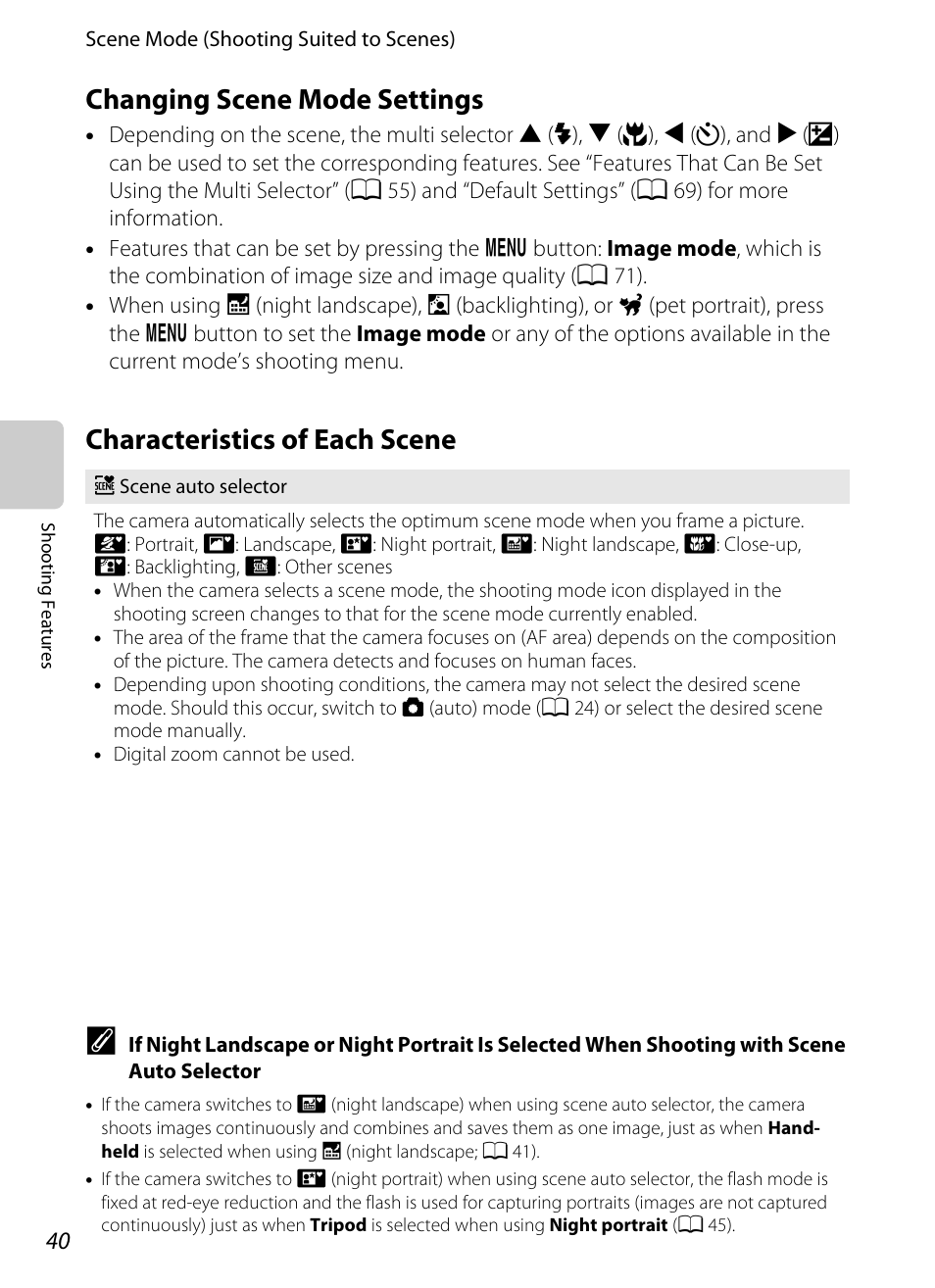 Changing scene mode settings, Characteristics of each scene, A 40) | Nikon S8200 User Manual | Page 56 / 228