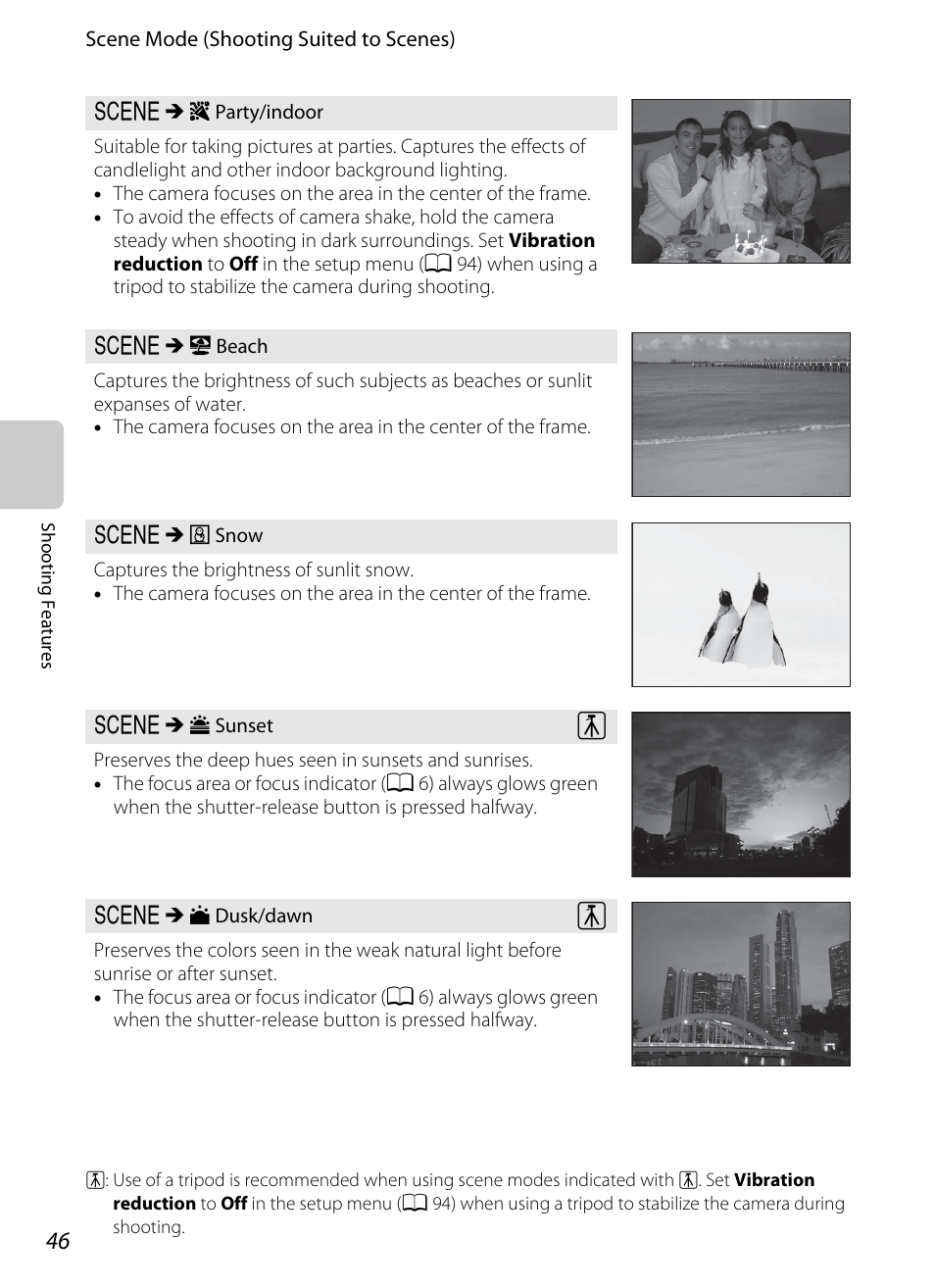 A 46), Snow, Sunset (a 46) | Awn (a 46) | Nikon S8200 User Manual | Page 62 / 228