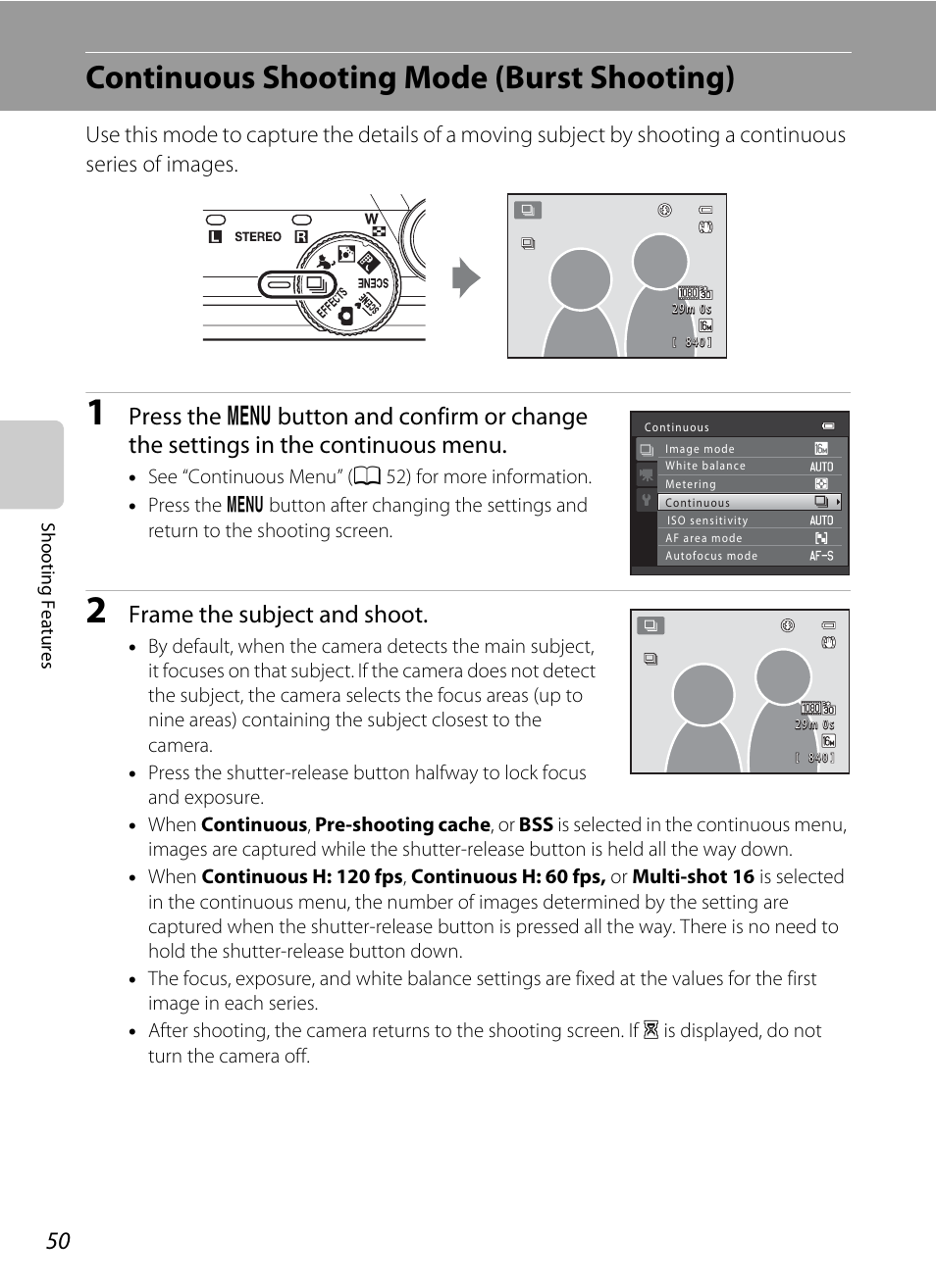 Continuous shooting mode (burst shooting), A 50), A 50). other than the c | Frame the subject and shoot | Nikon S8200 User Manual | Page 66 / 228