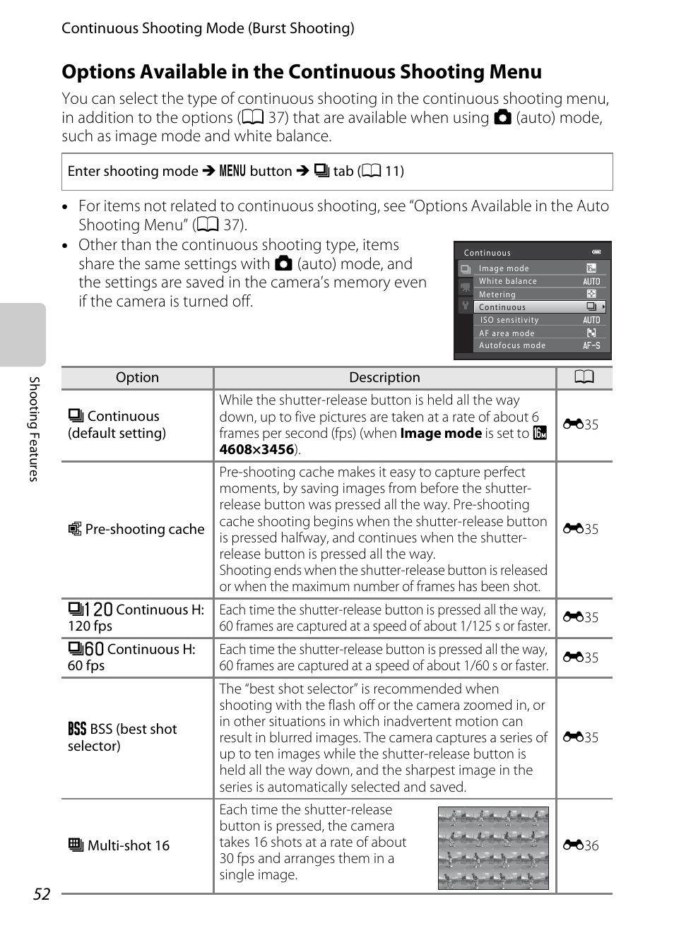 Options available in the continuous shooting menu, A 52), See “options available in | The continuous shooting menu | Nikon S8200 User Manual | Page 68 / 228