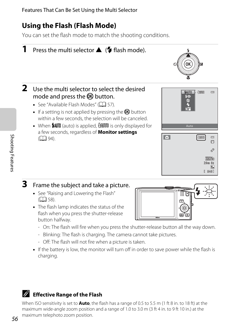 Using the flash (flash mode), A 56) menu, A 56 | A 56) | Nikon S8200 User Manual | Page 72 / 228