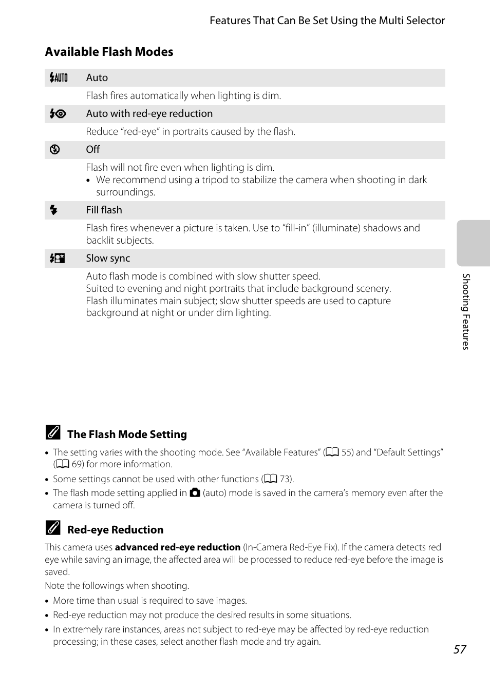 Available flash modes, A 57) | Nikon S8200 User Manual | Page 73 / 228