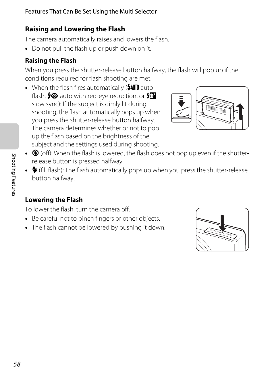 58) may pop-up, Raising and lowering the, Flash | A 58, Raising and lowering the flash, A 58) | Nikon S8200 User Manual | Page 74 / 228