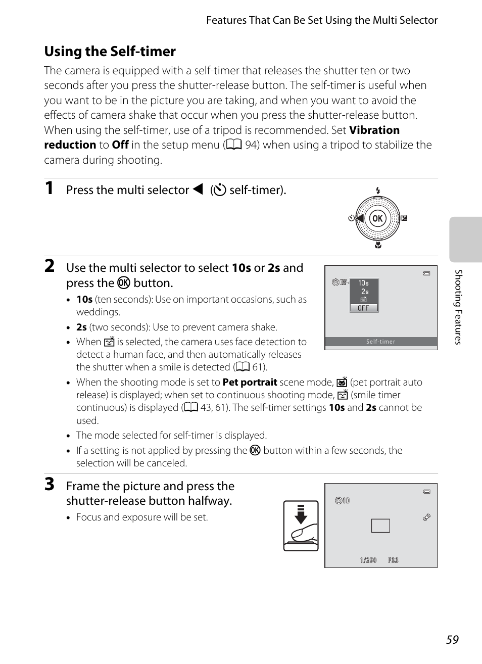 Using the self-timer, A 59) menu, A 59) | Nikon S8200 User Manual | Page 75 / 228