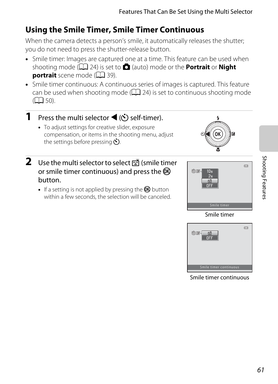 Using the smile timer, smile timer continuous, A 61), A 61 | Nikon S8200 User Manual | Page 77 / 228