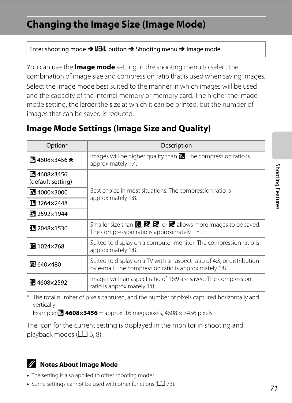 Changing the image size (image mode), Image mode settings (image size and quality), A 71) a | A 71) | Nikon S8200 User Manual | Page 87 / 228