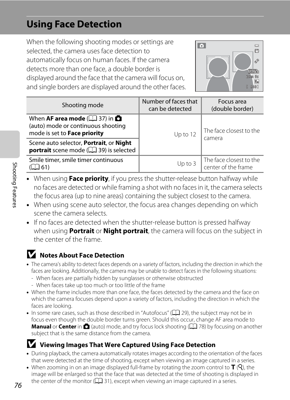 Using face detection, A 76) or, A 76) | Notes about face detection, A 76 | Nikon S8200 User Manual | Page 92 / 228