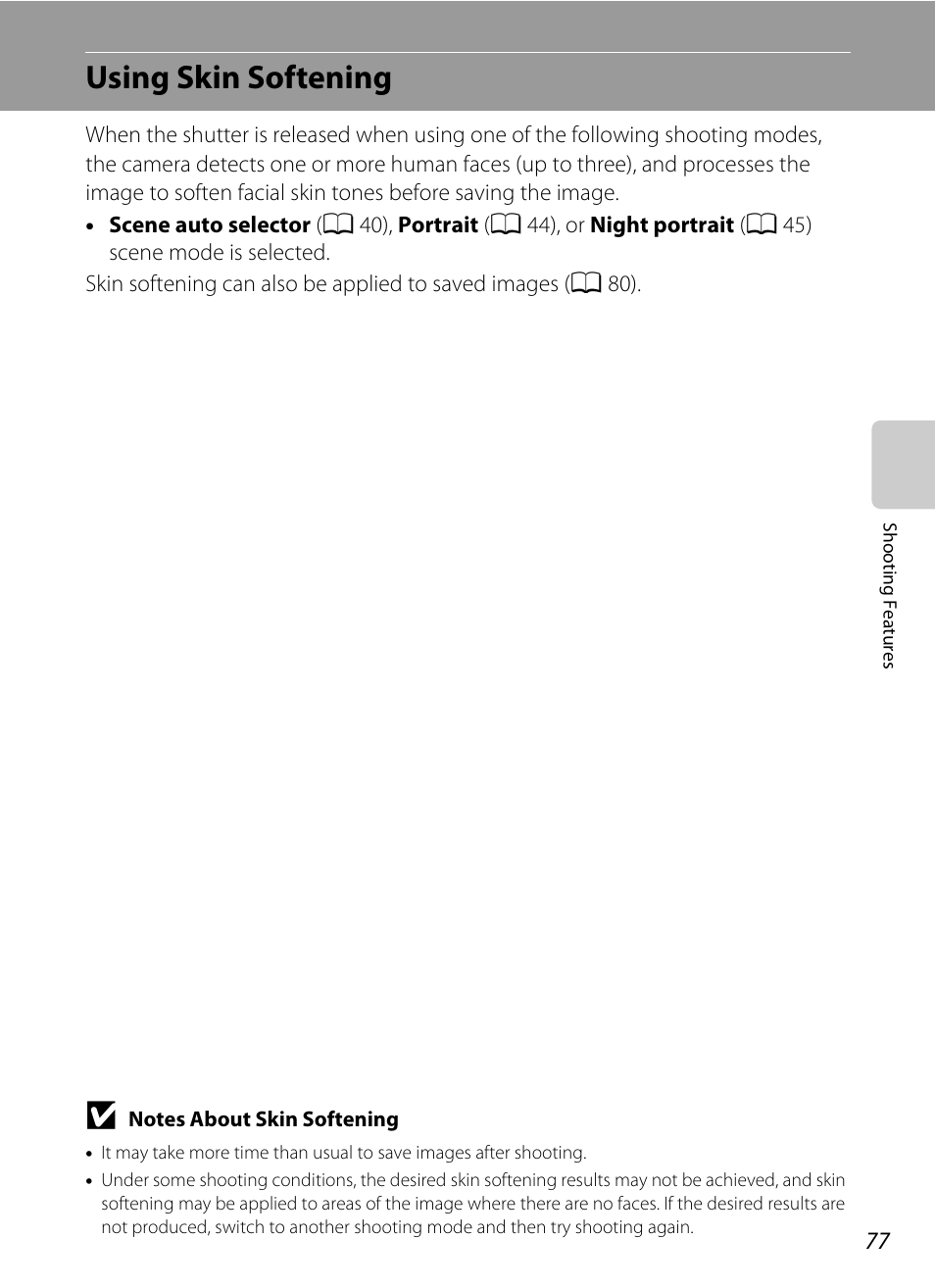 Using skin softening, A 77) | Nikon S8200 User Manual | Page 93 / 228