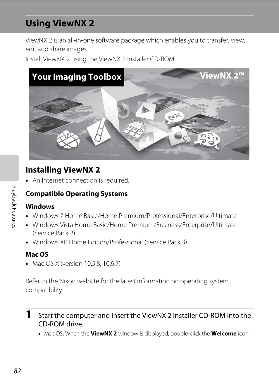 Using viewnx 2, Installing viewnx 2, A 82) | A 82, Your imaging toolbox viewnx 2 | Nikon S8200 User Manual | Page 98 / 228