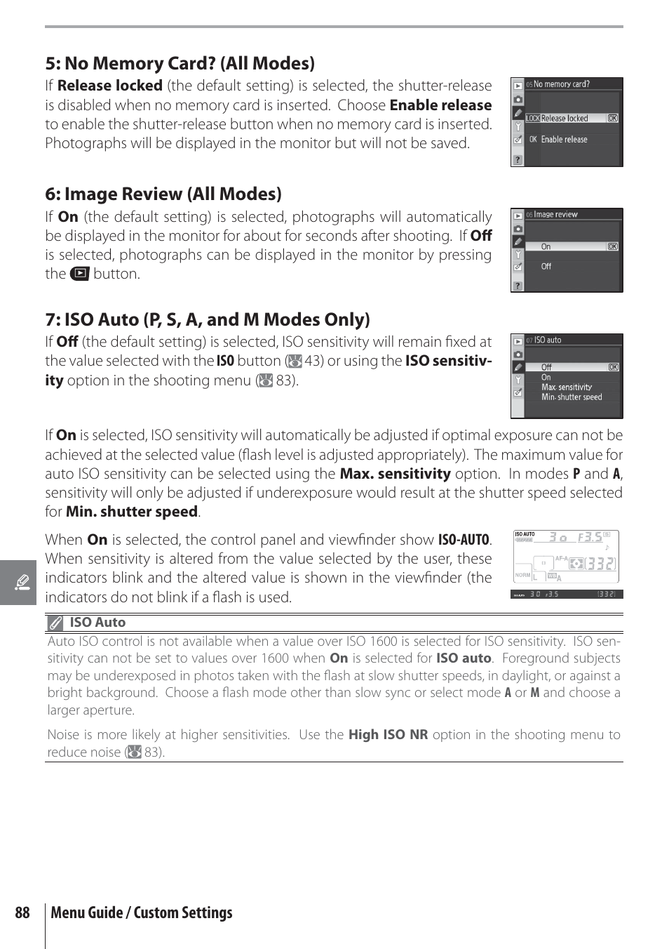 Image review (all modes), Iso auto (p, s, a, and m modes only) | Nikon D80 User Manual | Page 100 / 162