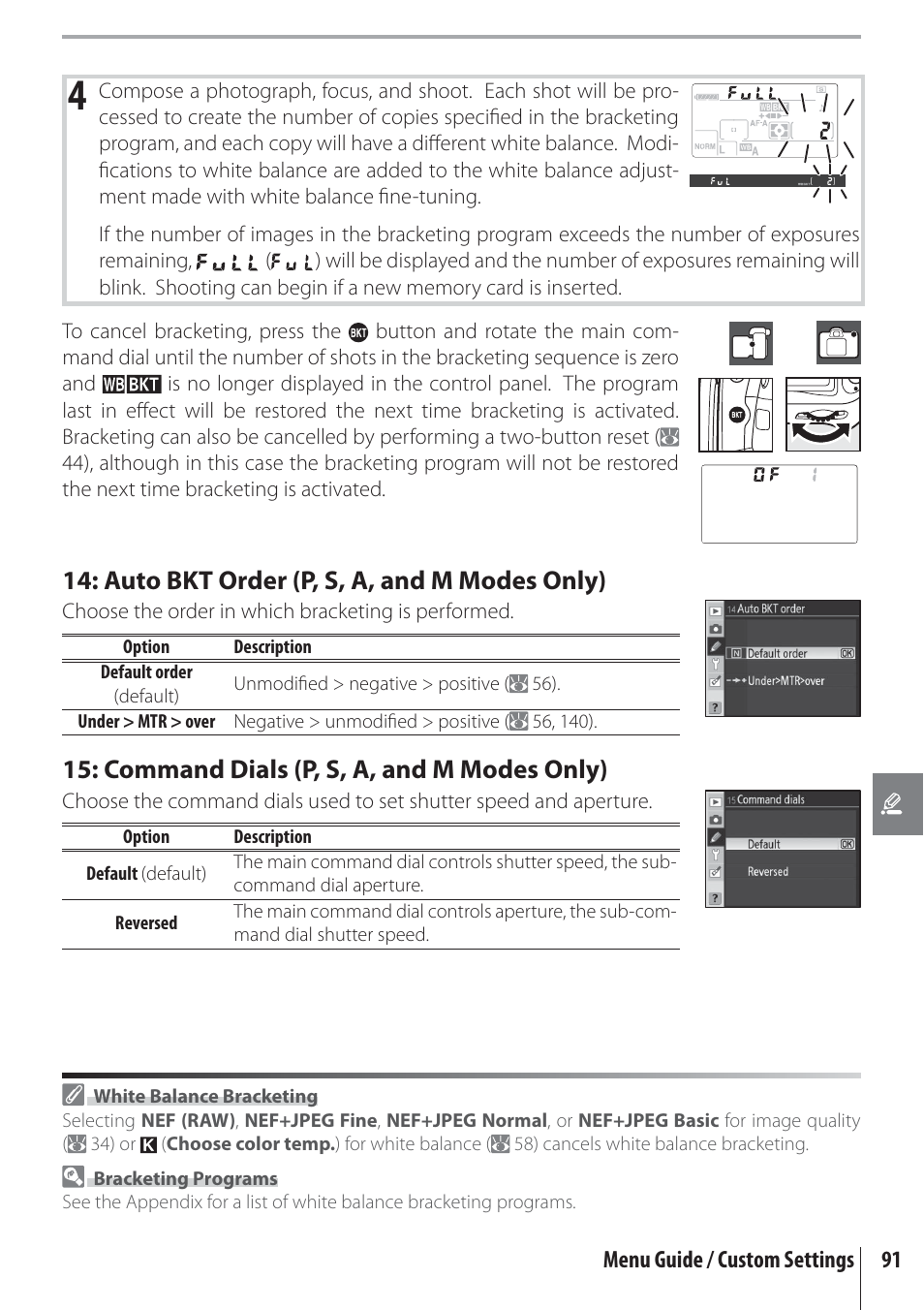 Auto bkt order (p, s, a, and m modes only), Command dials (p, s, a, and m modes only) | Nikon D80 User Manual | Page 103 / 162