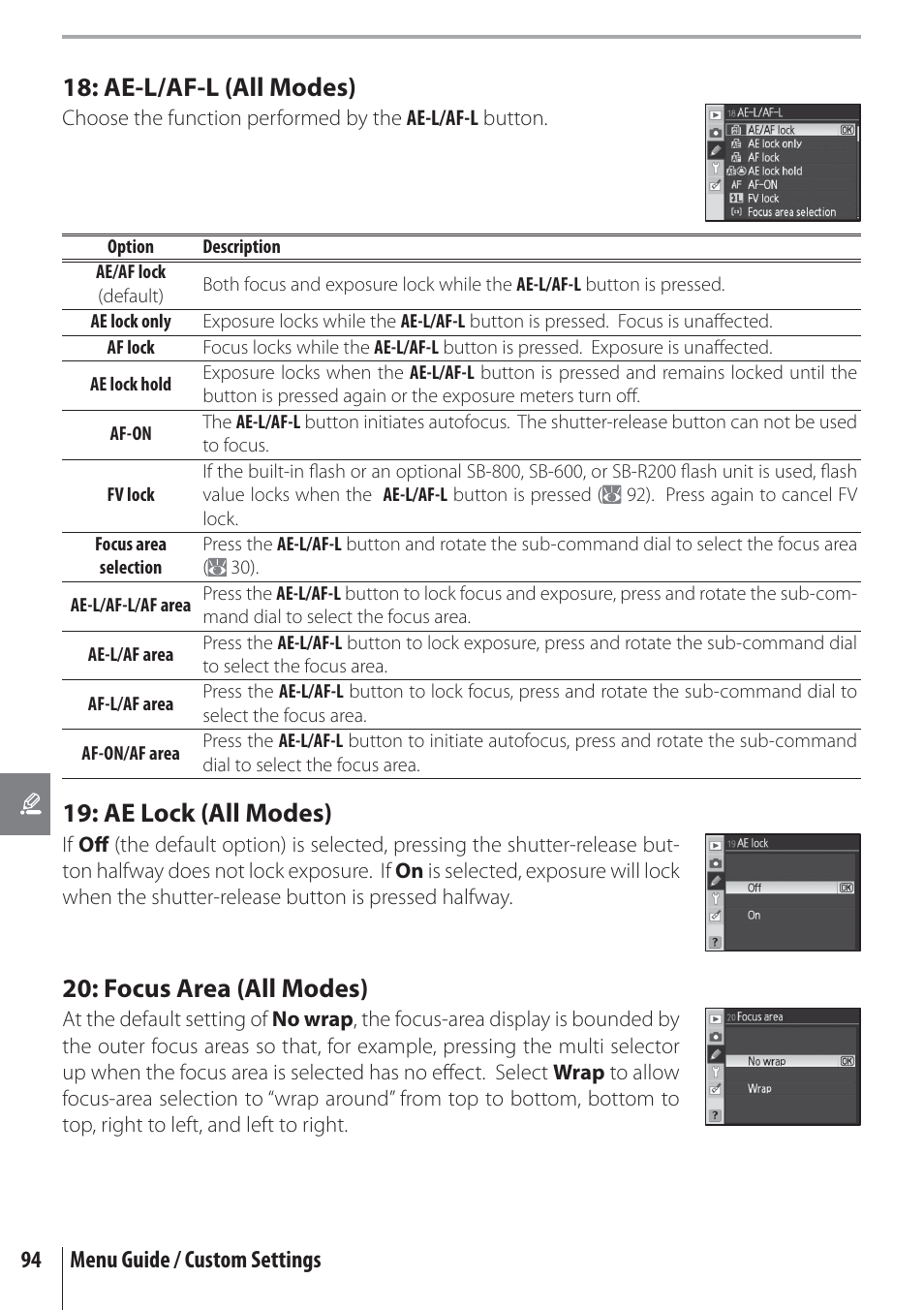 Ae lock (all modes), Ae-l/af-l (all modes), Focus area (all modes) | Nikon D80 User Manual | Page 106 / 162
