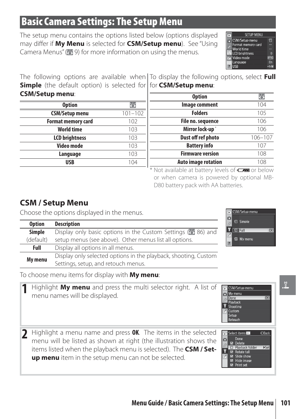 Basic camera settings: the setup menu, Csm / setup menu | Nikon D80 User Manual | Page 113 / 162