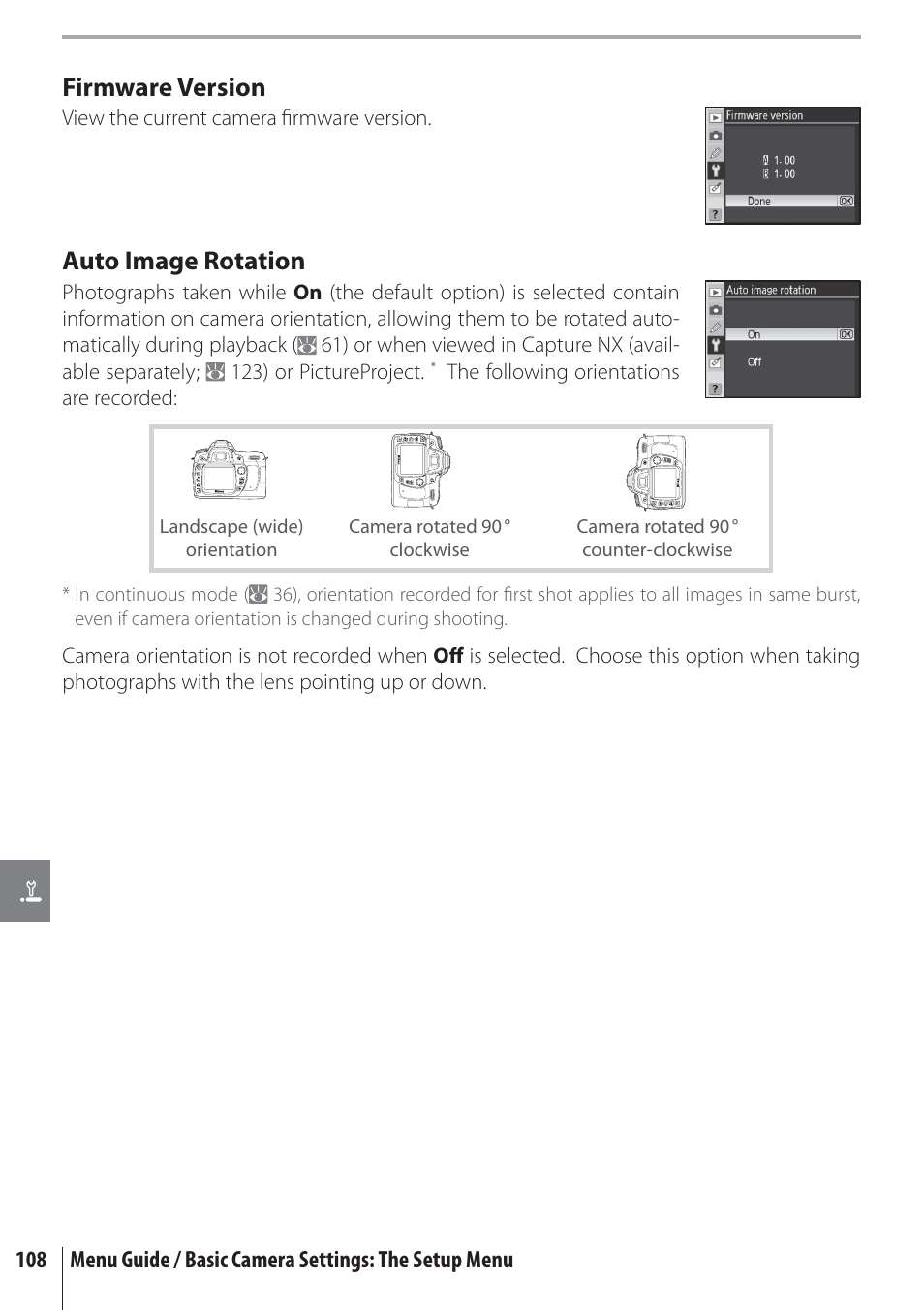 Firmware version, Auto image rotation | Nikon D80 User Manual | Page 120 / 162