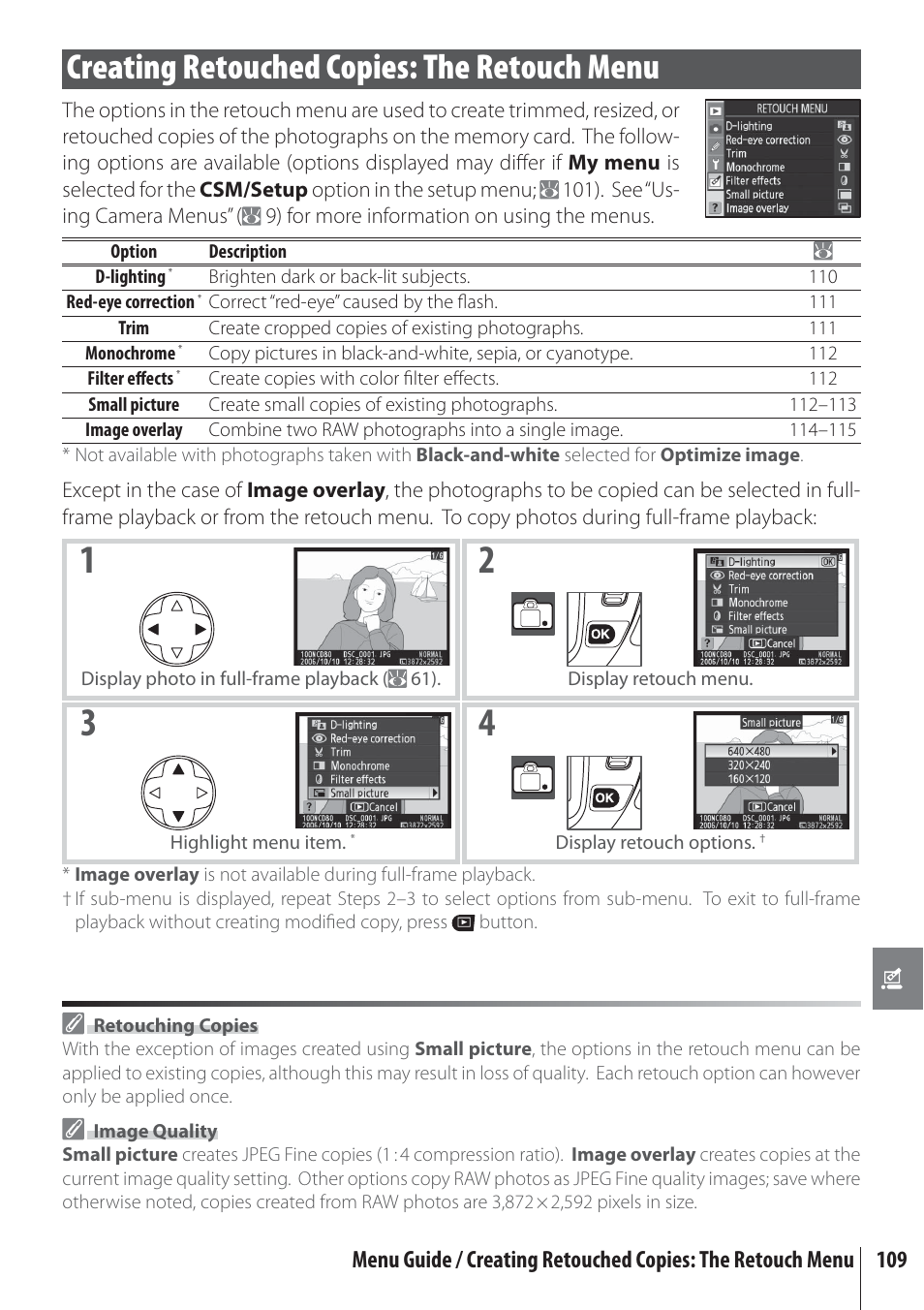 Creating retouched copies: the retouch menu | Nikon D80 User Manual | Page 121 / 162