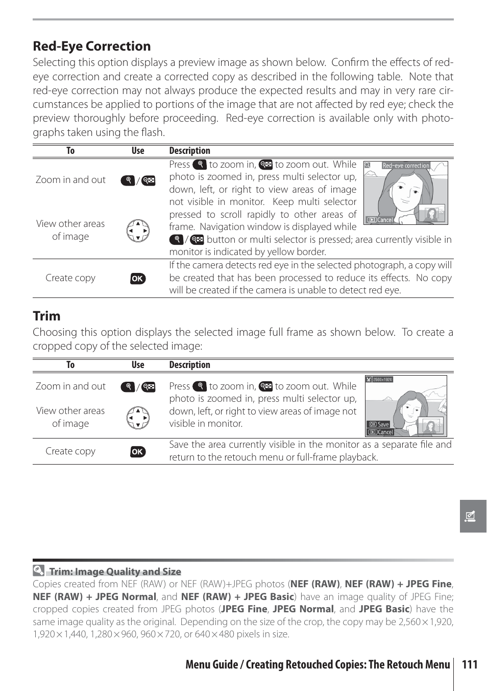 Red-eye correction, Trim | Nikon D80 User Manual | Page 123 / 162