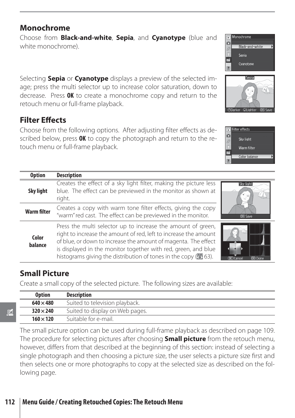 Filter eﬀ ects, Small picture, Monochrome | Nikon D80 User Manual | Page 124 / 162