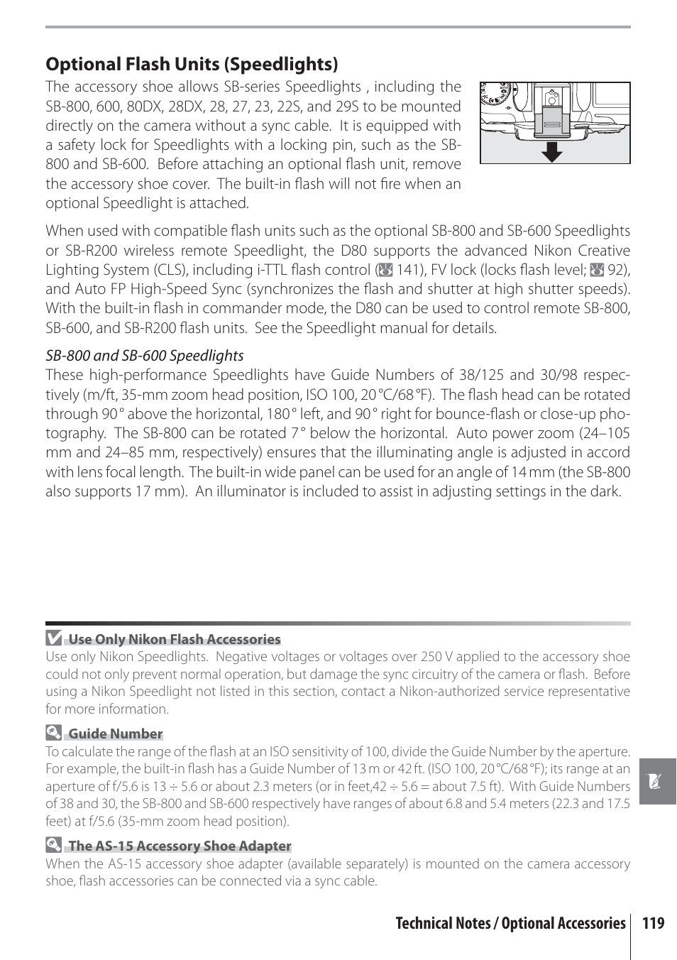 Optional flash units (speedlights) | Nikon D80 User Manual | Page 131 / 162