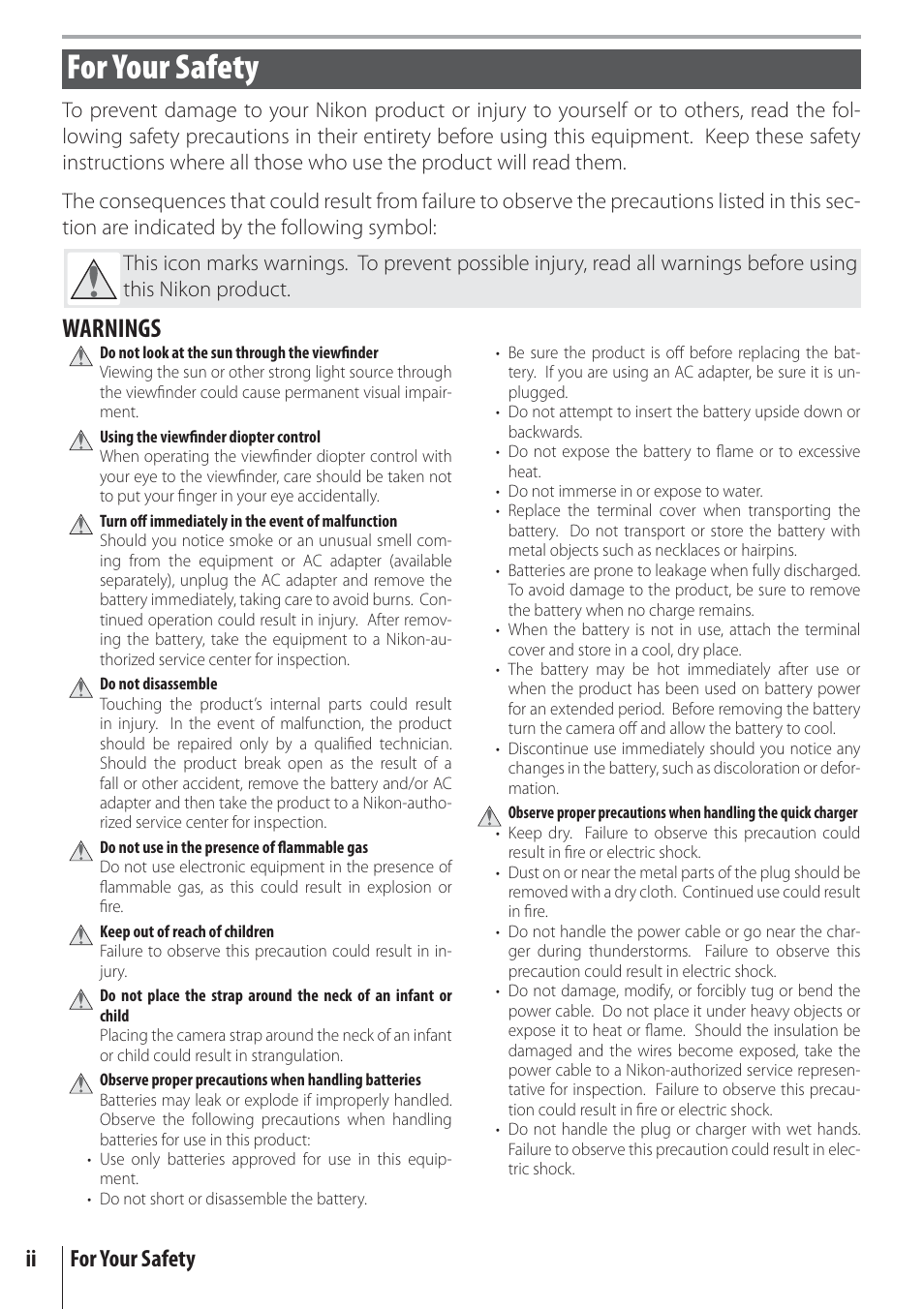 For your safety, Warnings, Ii for your safety | Nikon D80 User Manual | Page 4 / 162