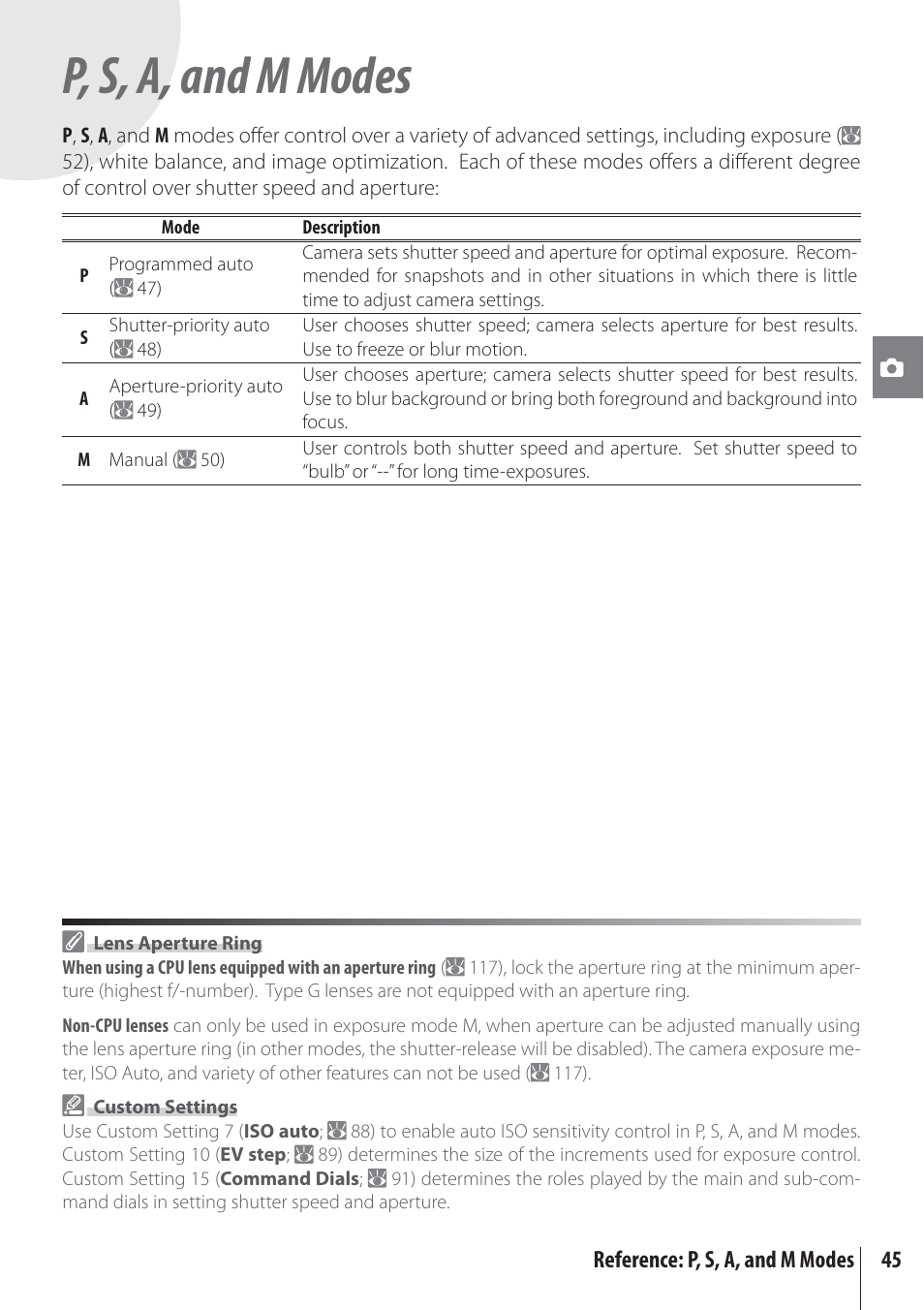 P, s, a, and m modes | Nikon D80 User Manual | Page 57 / 162