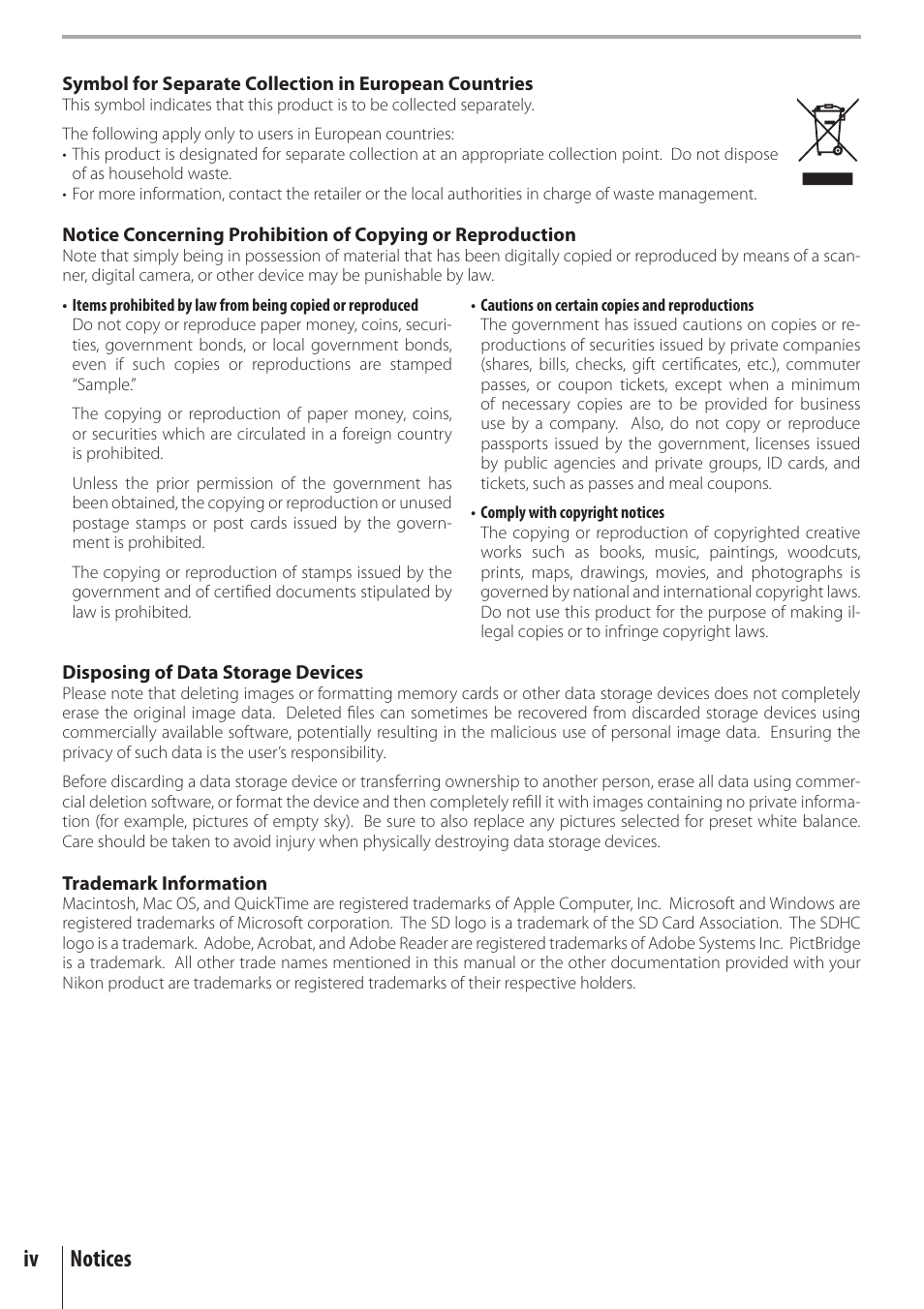 Iv notices | Nikon D80 User Manual | Page 6 / 162