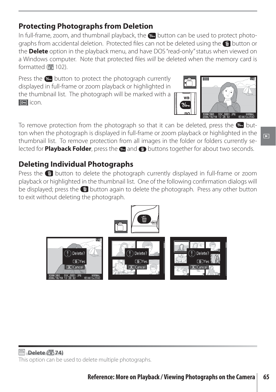 Protecting photographs from deletion, Deleting individual photographs | Nikon D80 User Manual | Page 77 / 162
